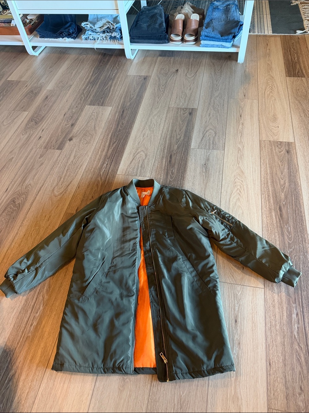 Long Line Women’s Olive Green Bomber Style Coat